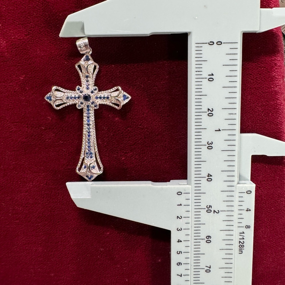 Sold Blue Sapphires 925 Silver Cross - Picture 9 of 10